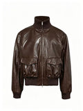 JCAESAR Pleated Short Leather Jacket