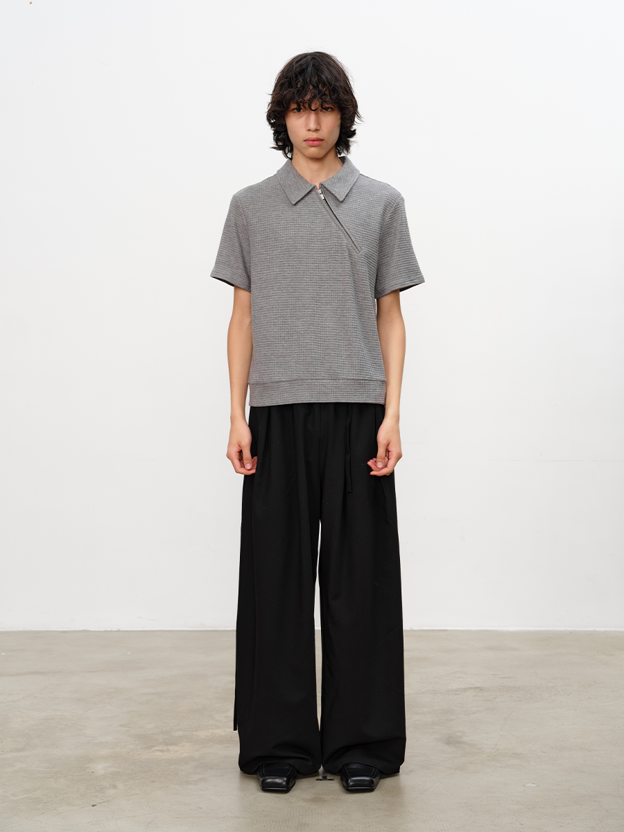 JCAESAR Diagonal Zipper Waffle-Knit Short-Sleeve Top - jcaesarclo