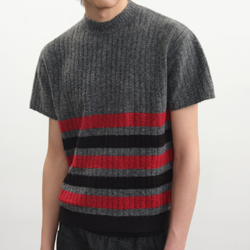 JCAESAR Black‑and‑Red Striped Knit Short‑Sleeve Top - jcaesarclo
