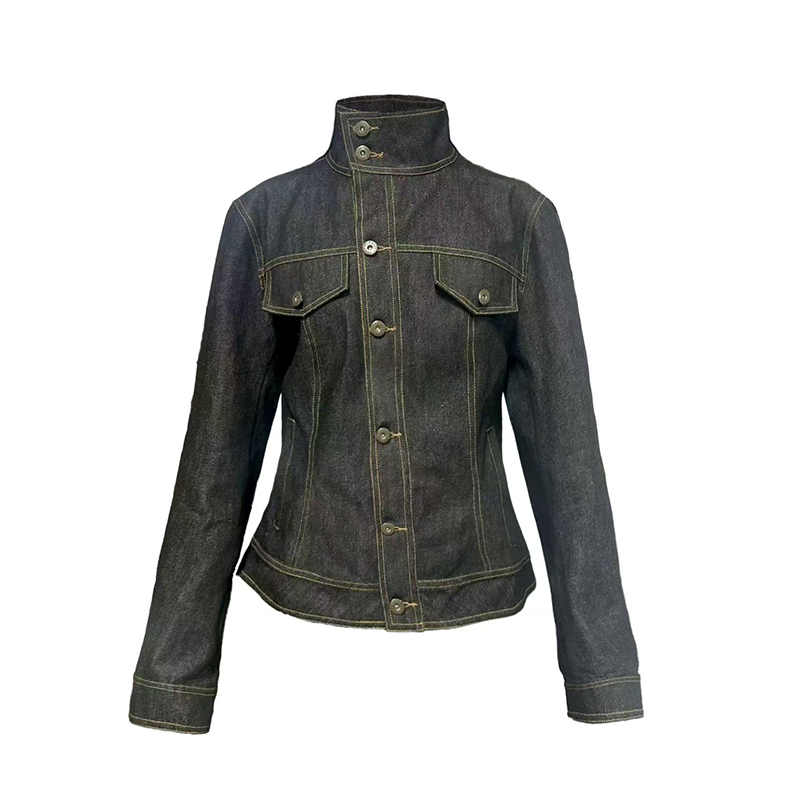 JCAESAR WOMEN Asymmetrical Placket Fitted Waist Raw Denim Jacket