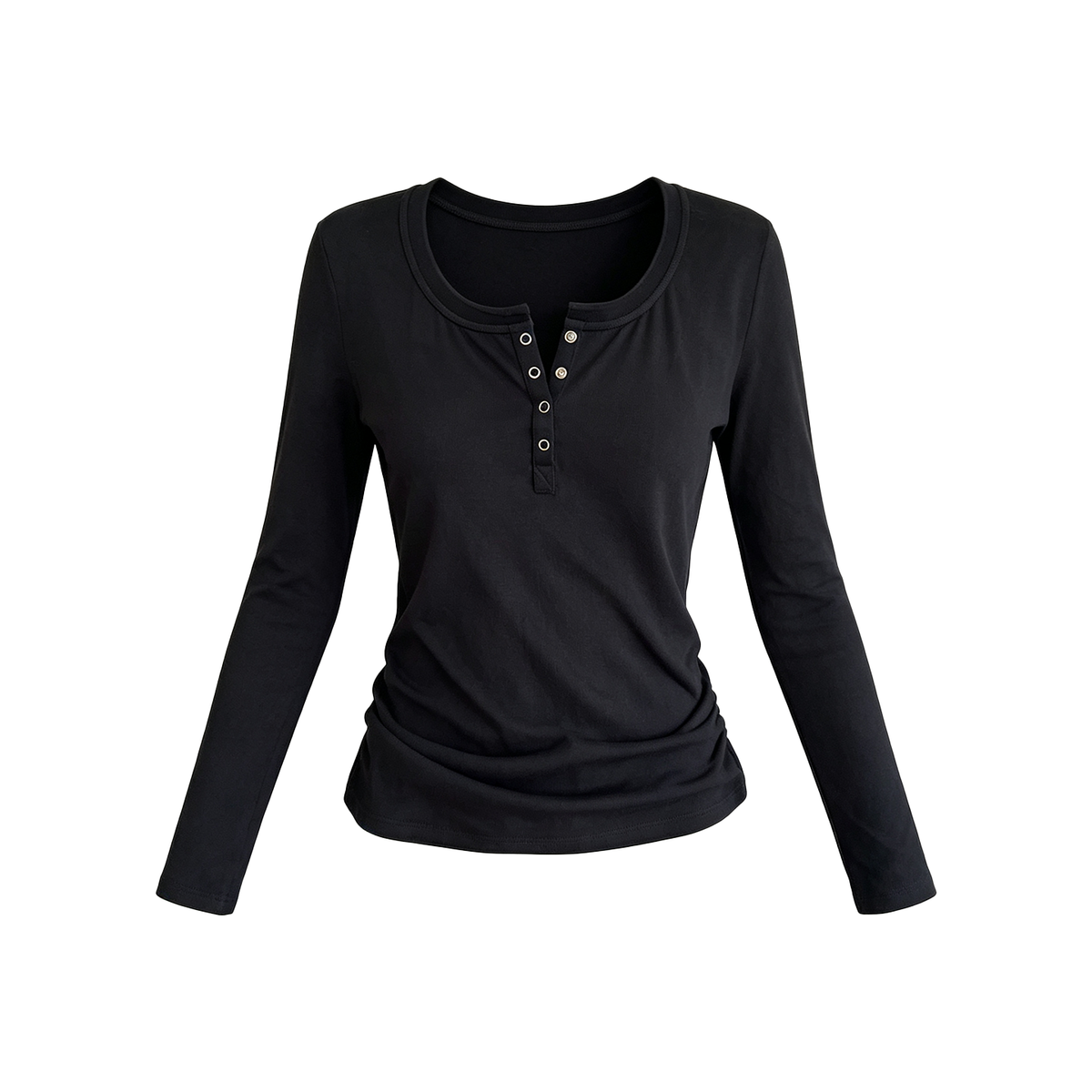 JCAESAR WOMEN U-Neck Rolled Hem Henley Long-Sleeve Shirt