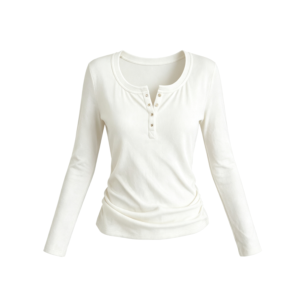 JCAESAR WOMEN U-Neck Rolled Hem Henley Long-Sleeve Shirt