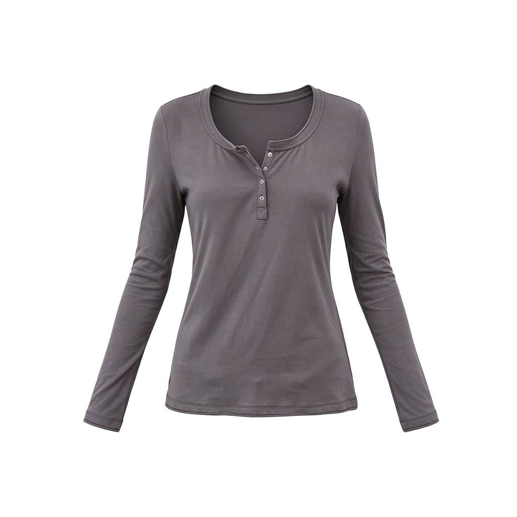JCAESAR WOMEN U-Neck Rolled Hem Henley Long-Sleeve Shirt