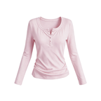 JCAESAR WOMEN U-Neck Rolled Hem Henley Long-Sleeve Shirt