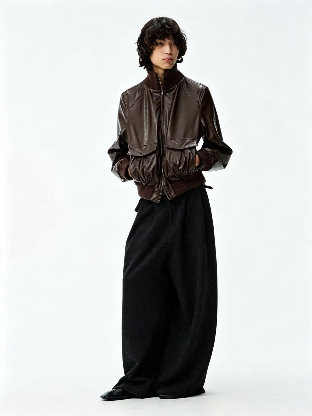 JCAESAR Pleated Short Leather Jacket