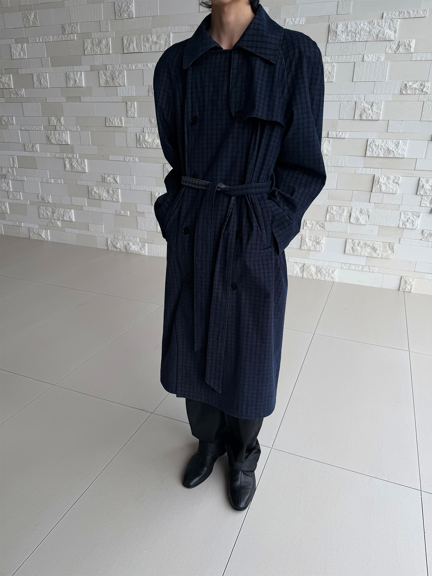 JCAESAR  Plaid Raglan-Sleeve Trench Coat with Boxing-Style Shoulder Pads