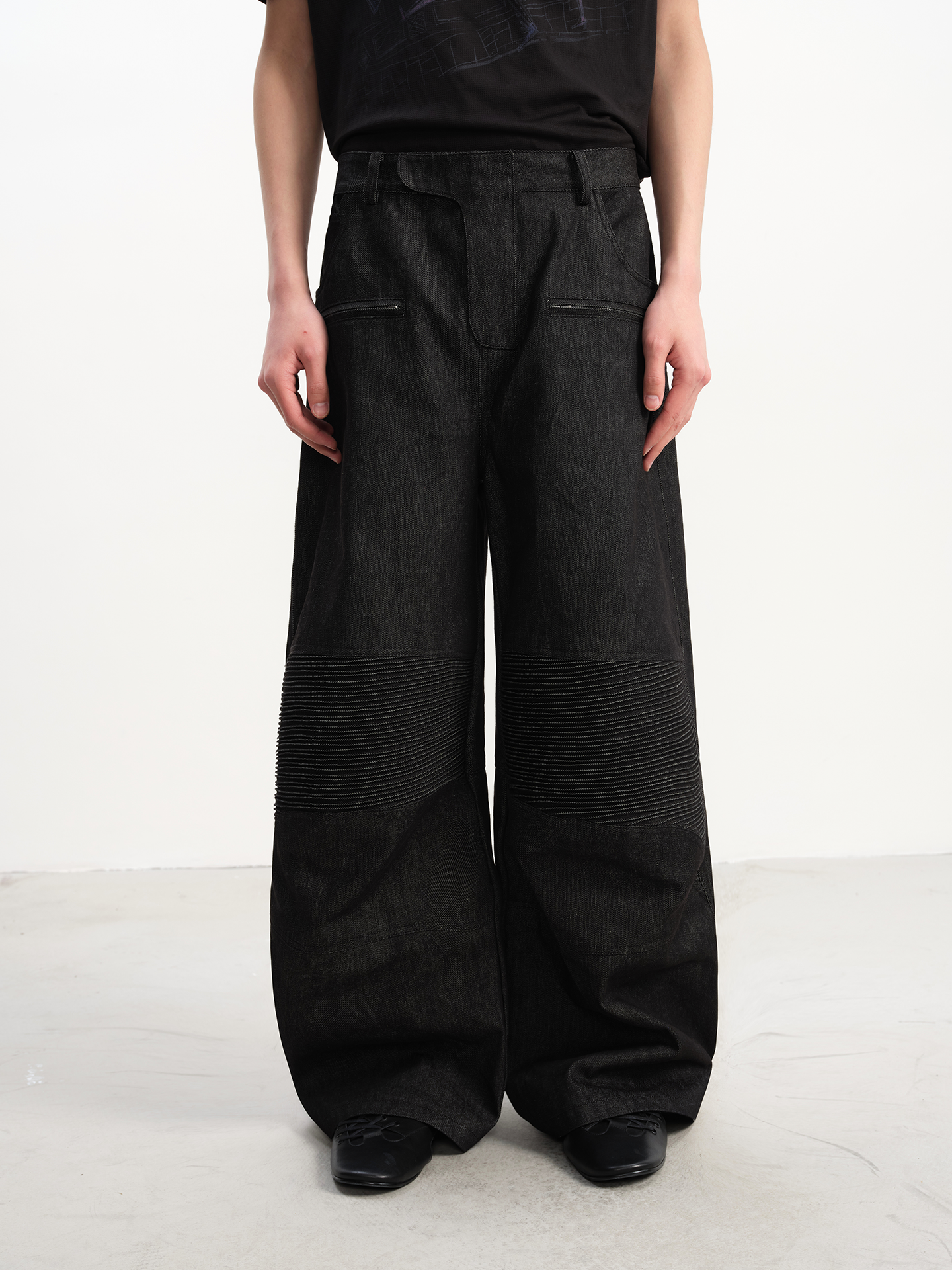 JCAESAR Raw Denim Wide-Leg Biker Pants