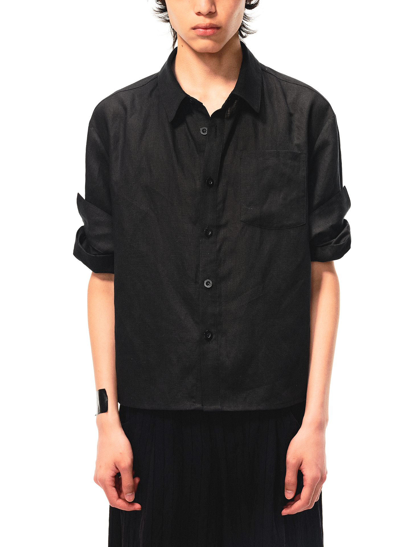 JCAESAR Tencel‑Linen Rolled‑Hem Vein‑Pattern Shirt