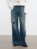 JCAESAR Knife Cut Distressed Blue Denim Jeans | Washed Ripped Straight Fit Jeans