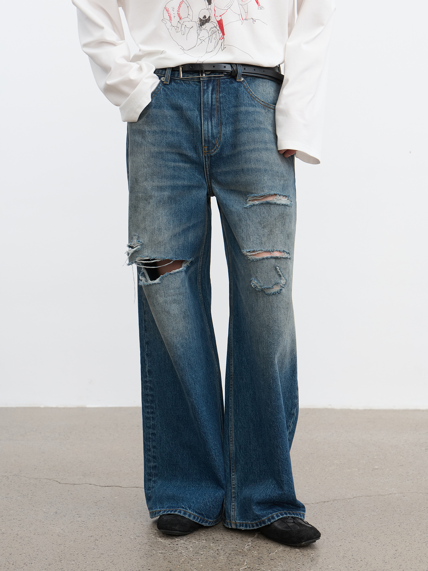 JCAESAR Knife Cut Distressed Blue Denim Jeans | Washed Ripped Straight Fit Jeans