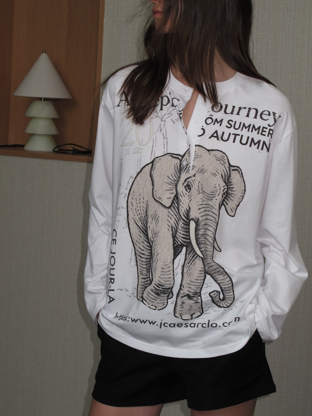 JCAESAR WOMEN Migrating‑elephant Henley oversized long‑sleeve shirt