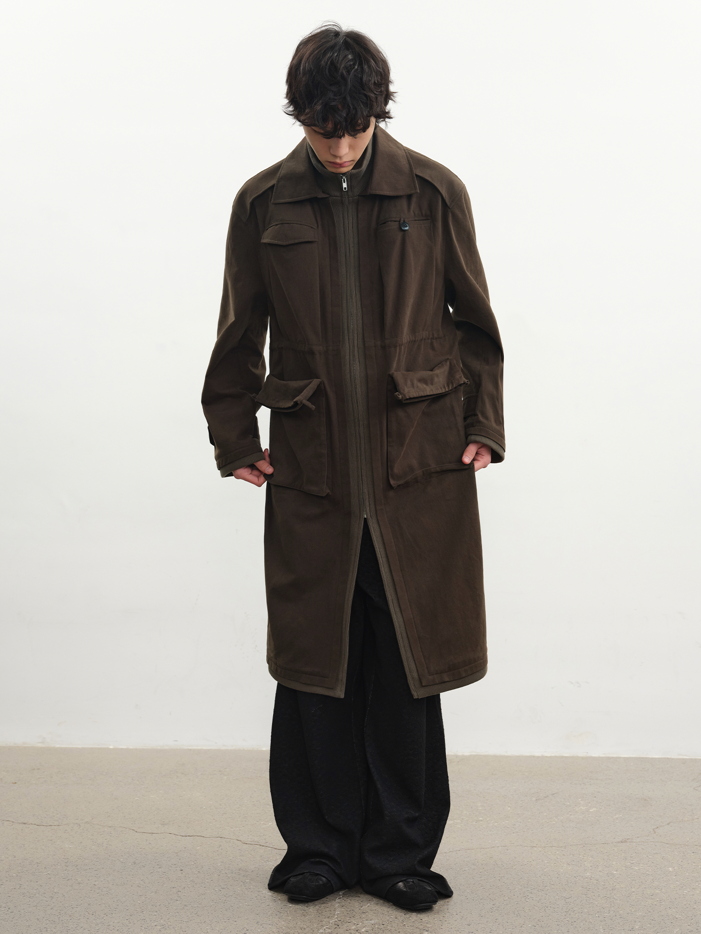 JCAESAR Multi‑Pocket Trench Coat with Ribbed Panels