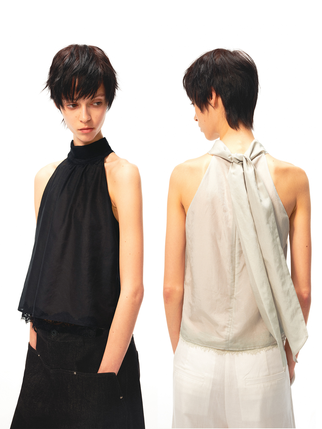 JCAESAR WOMEN Air‑lace halter top with flowing ties