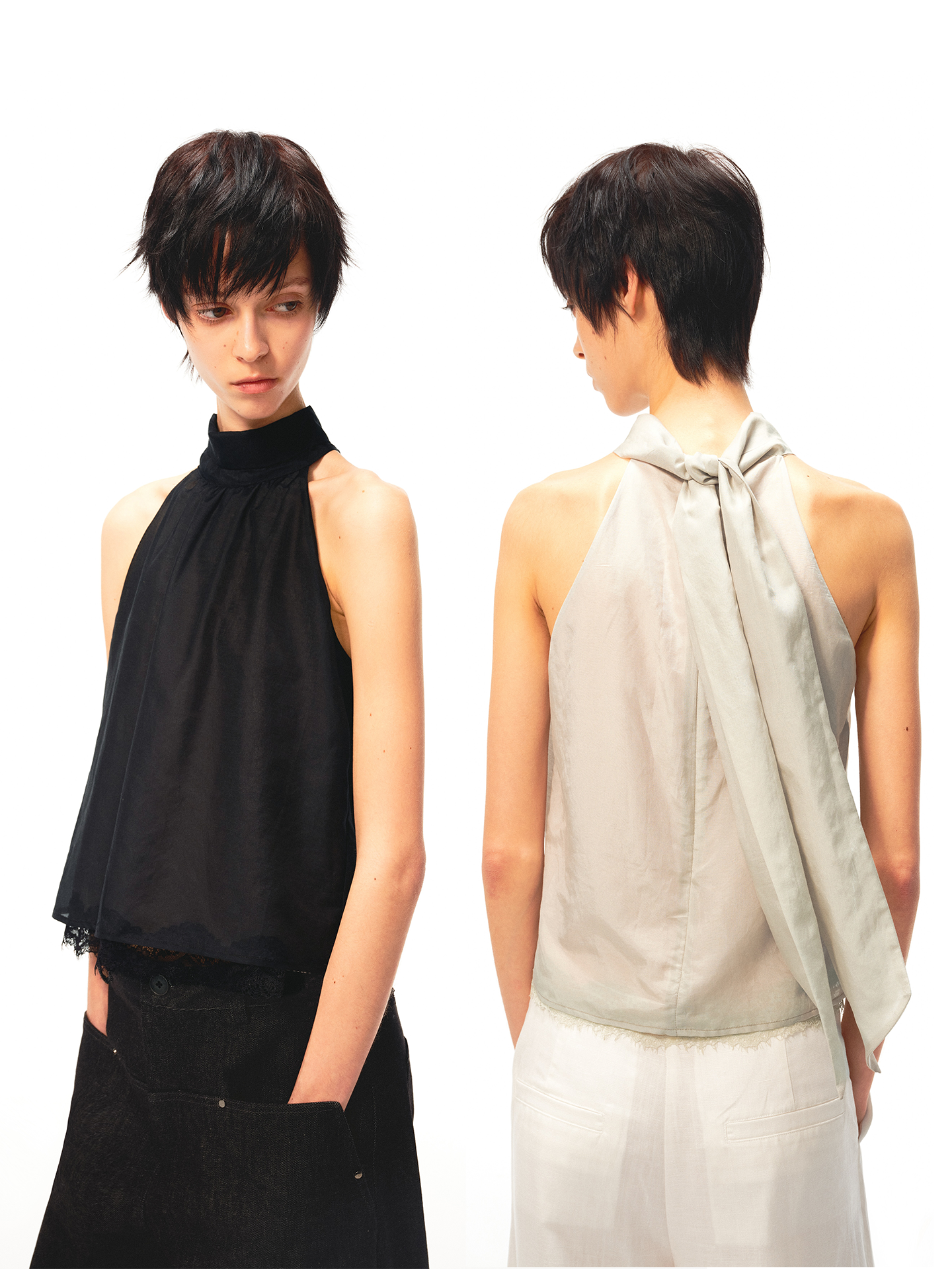 JCAESAR WOMEN Air‑lace halter top with flowing ties