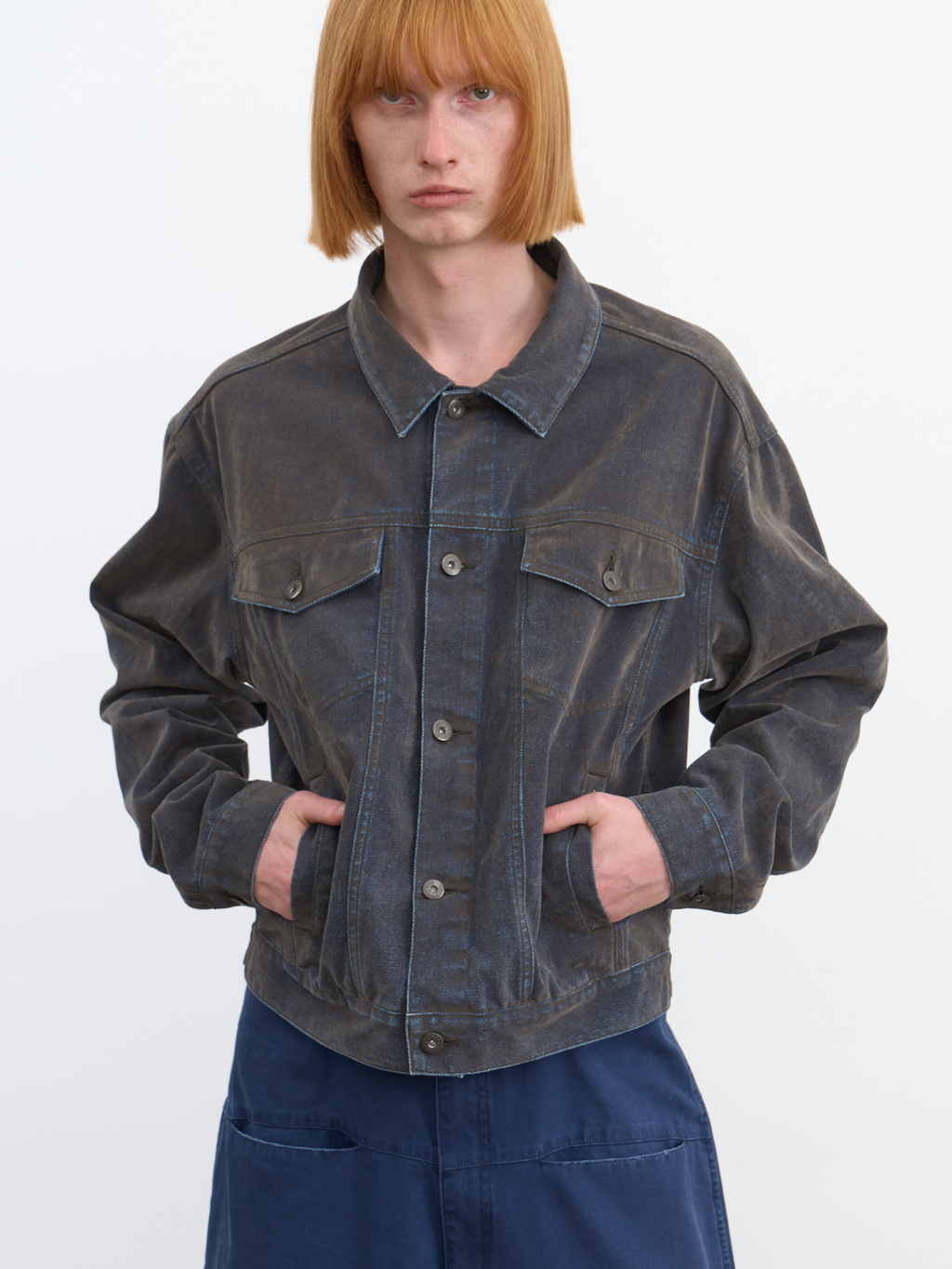 JCAESAR Mud‑flock washed distressed flocked denim jacket