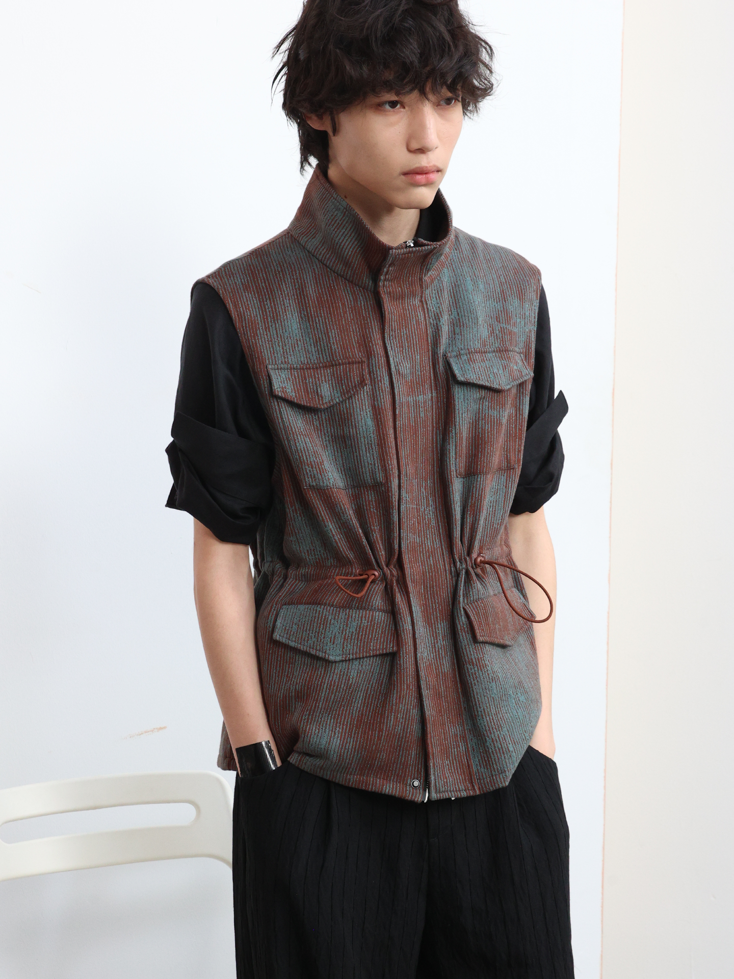 JCAESAR Rust‑Dyed Drawstring Utility Vest with Four Pockets