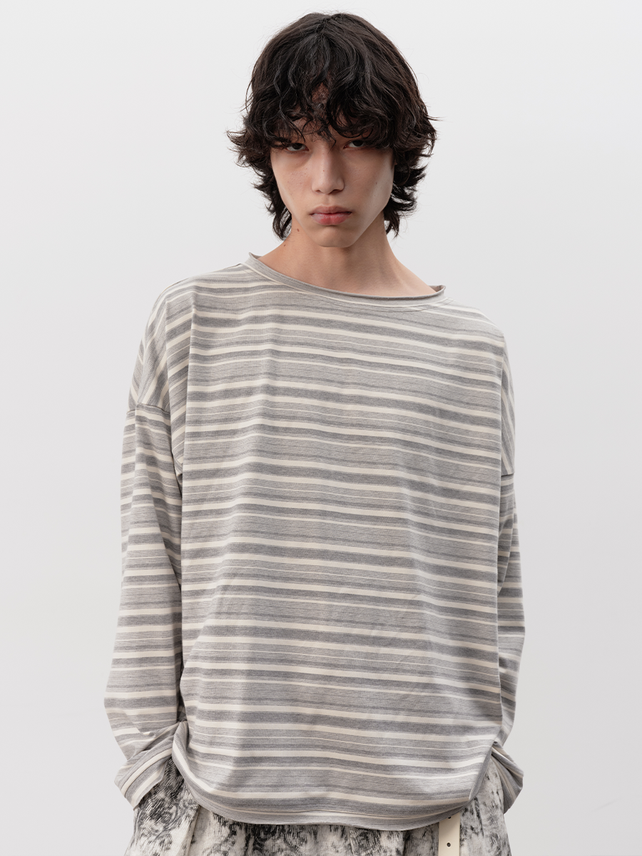 JCAESAR Gray And White Striped Rolled-up Long Sleeve Shirt - jcaesarclo