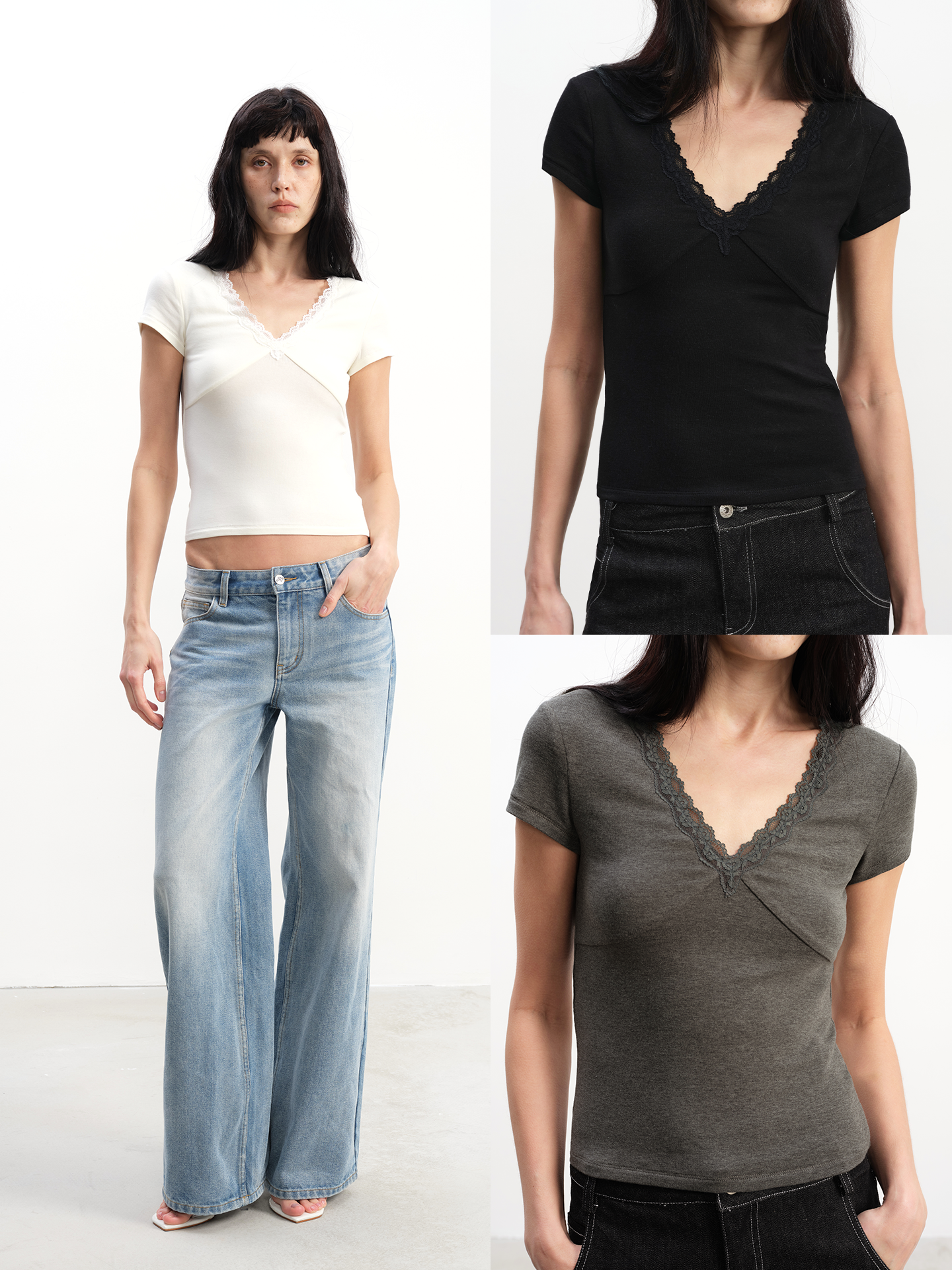 JCAESAR WOMEN Lace V-Neck Short-Sleeve Top