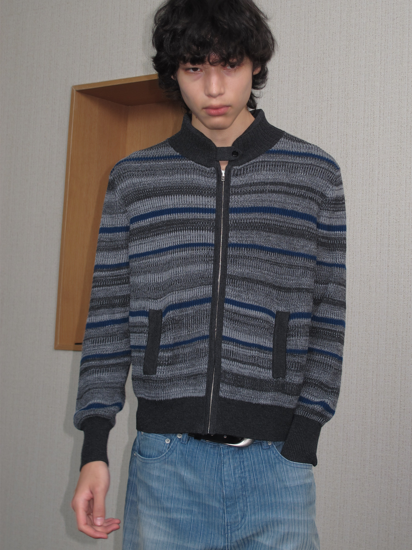 JCAESAR Accordion-Stripe Knit Cardigan Sweater