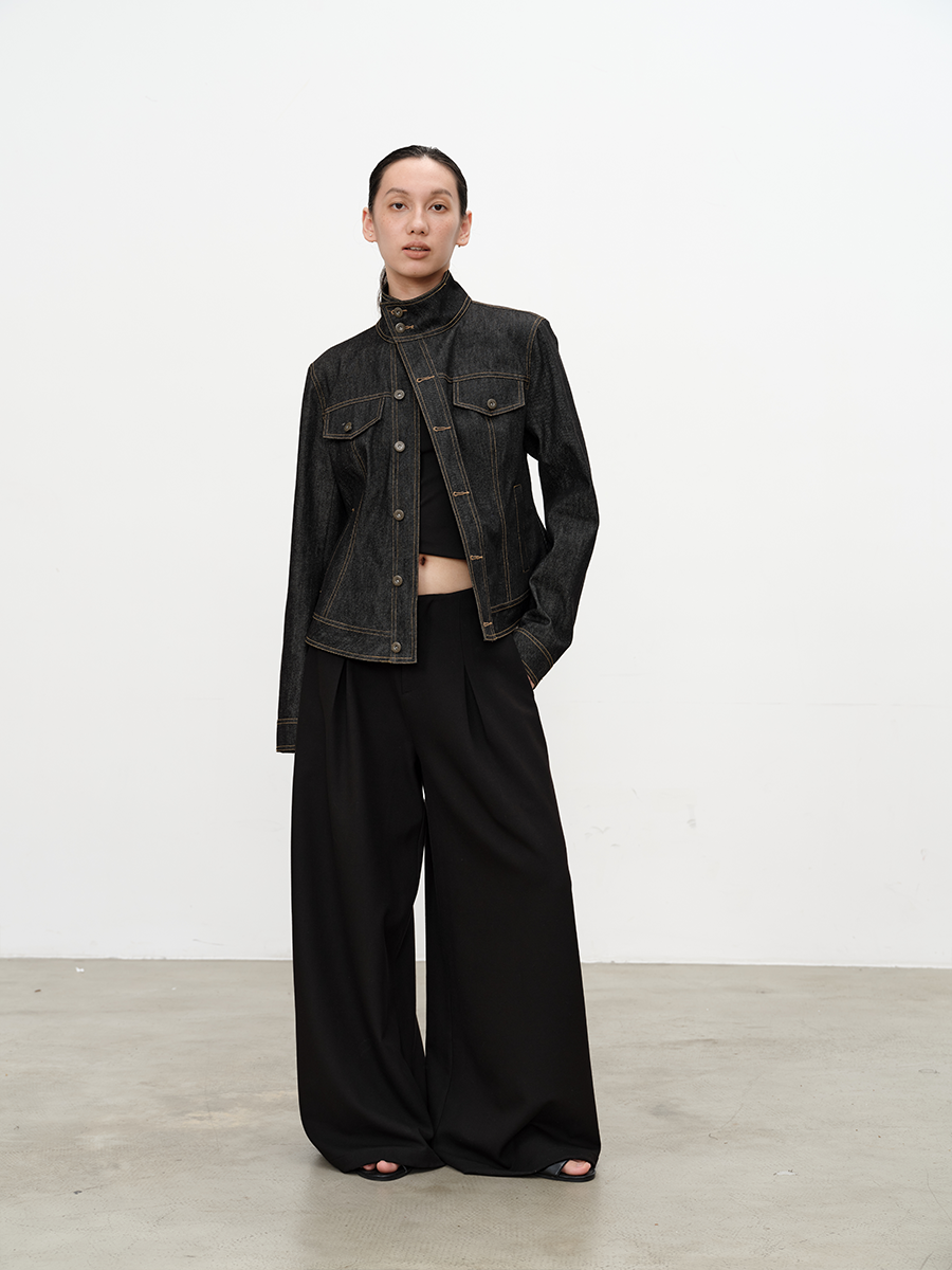 JCAESAR WOMEN Asymmetrical Placket Fitted Waist Raw Denim Jacket