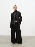 JCAESAR WOMEN Asymmetrical Placket Fitted Waist Raw Denim Jacket