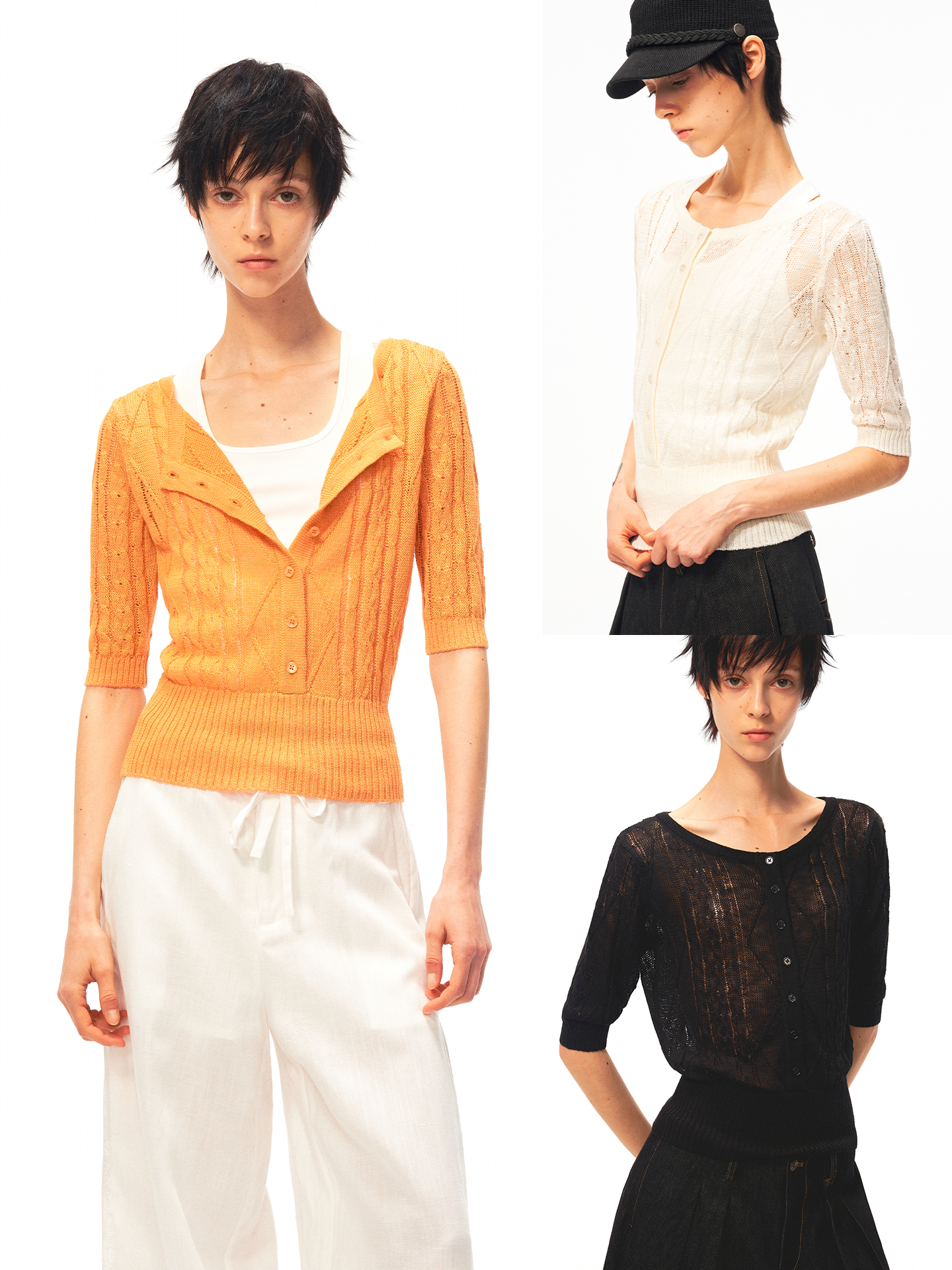 JCAESAR WOMEN Cable‑Knit Semi‑Sheer Short‑Sleeve Top