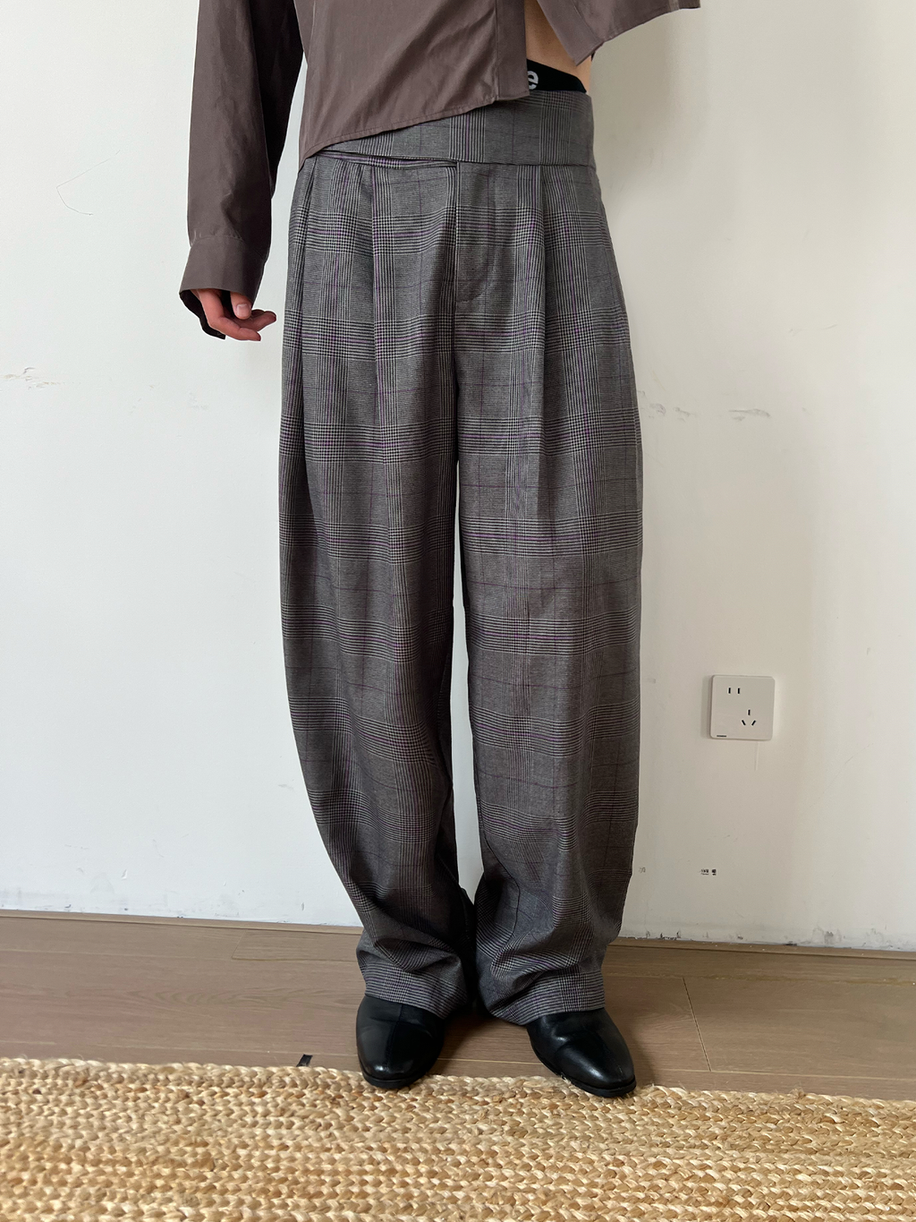 JCAESAR Purple Plaid Double-Pleat Wide Waistband Trousers
