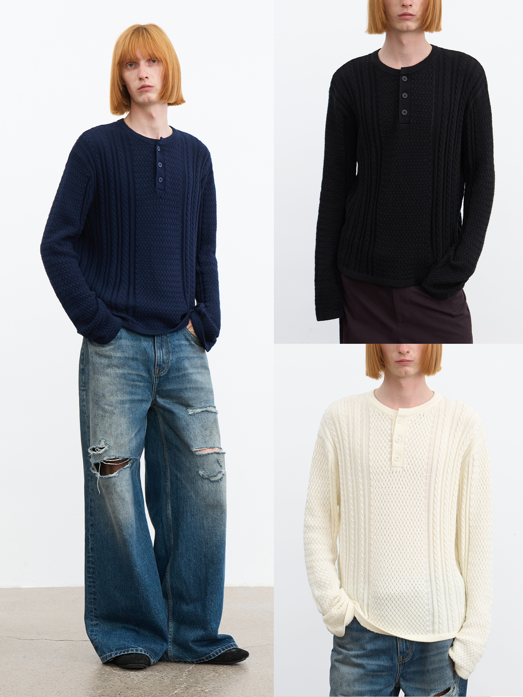 JCAESAR Henley collar scale‑pattern knit long‑sleeve