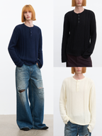 JCAESAR Henley collar scale‑pattern knit long‑sleeve