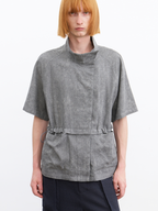JCAESAR Grey Asymmetric Collar Cinched Waist Short Sleeve Shirt