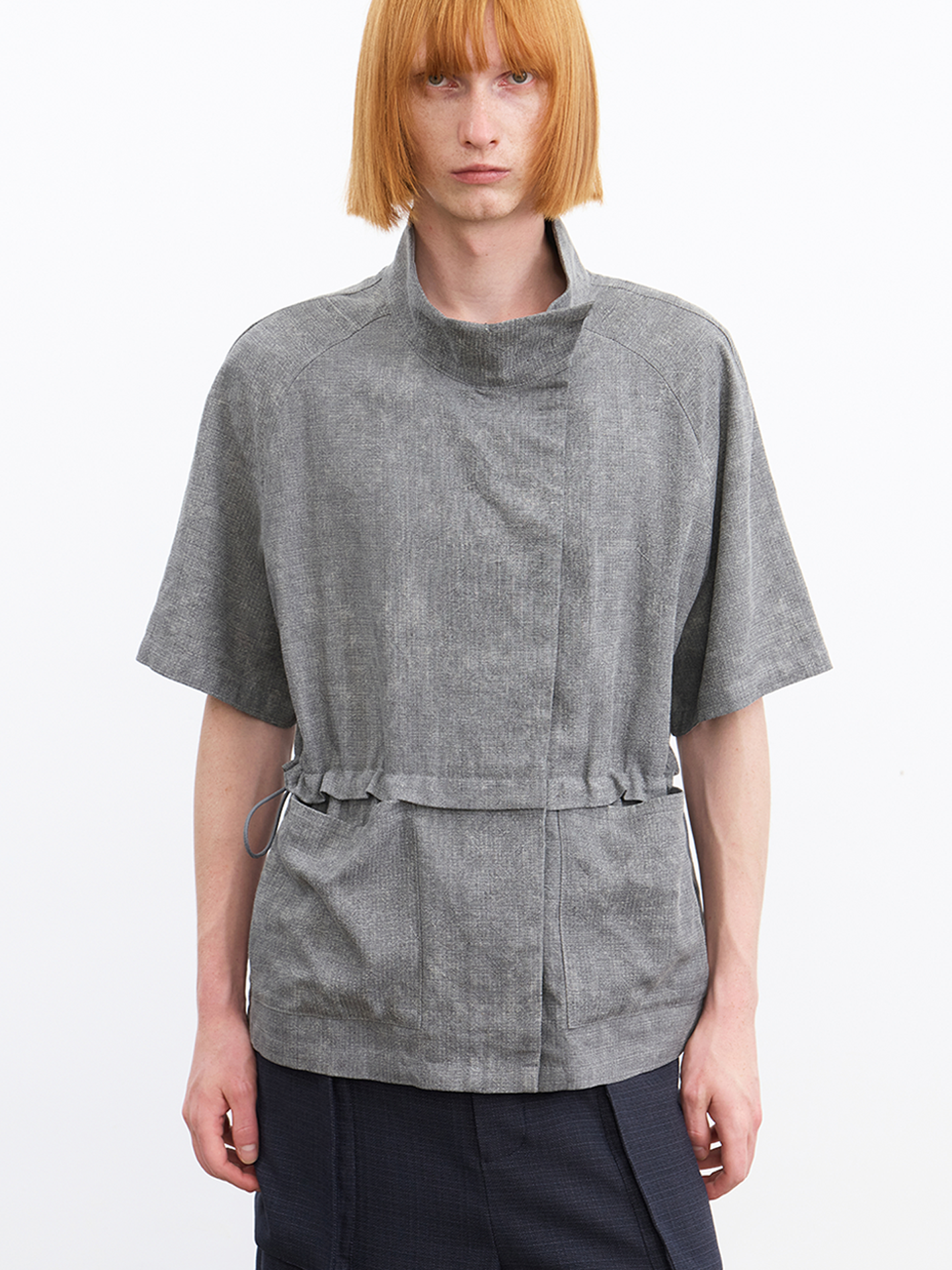 JCAESAR Grey Asymmetric Collar Cinched Waist Short Sleeve Shirt
