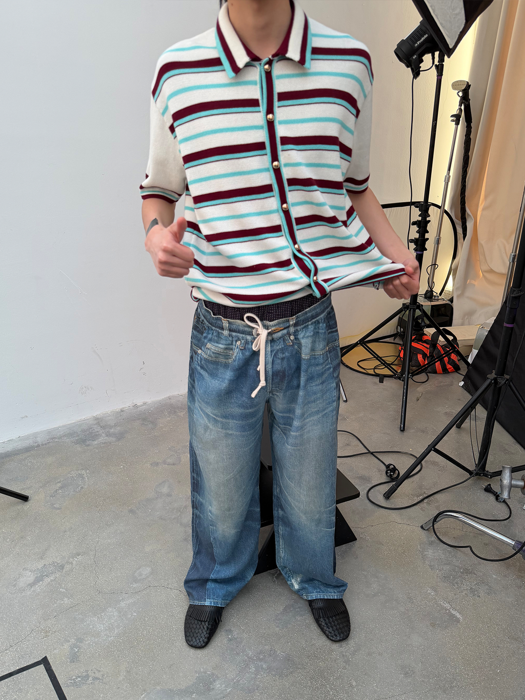 JCAESAR Striped mint shirt with gold buttons