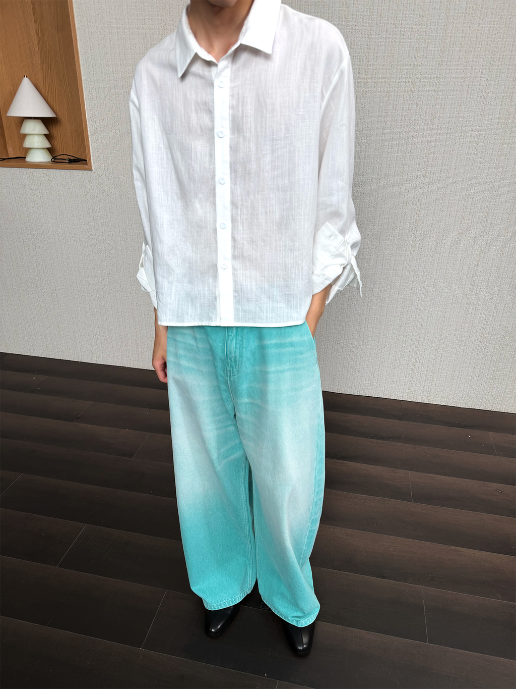 JCAESAR  Mint‑green washed denim jeans