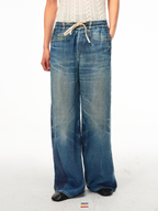 JCAESAR Digital‑Print Trompe‑l'œil Faux‑Denim Linen Pants