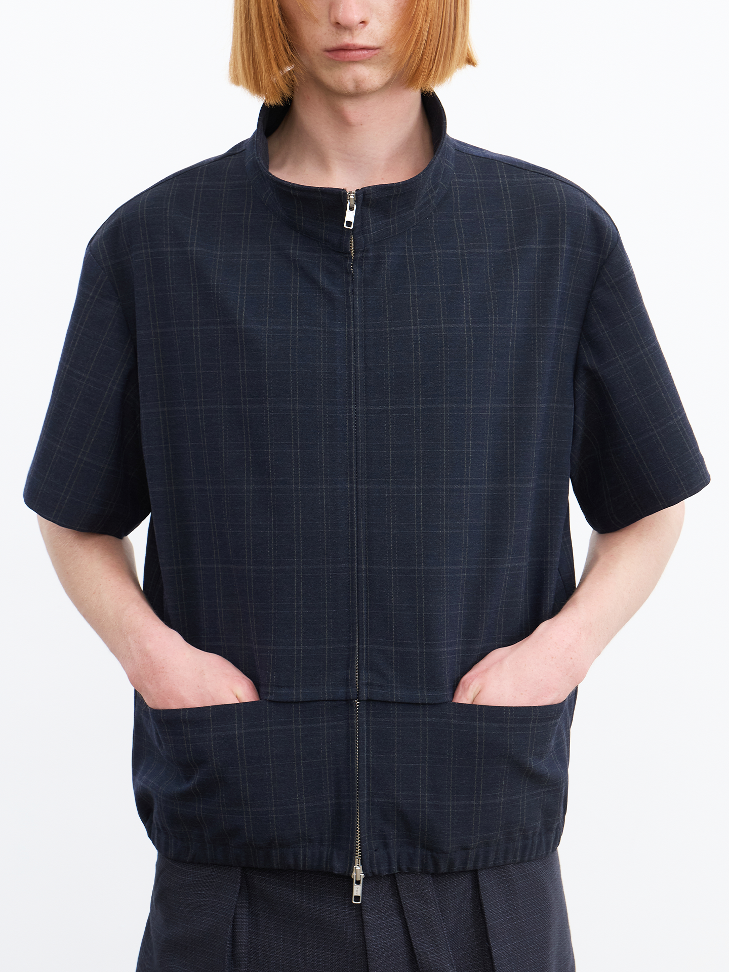 JCAESAR Dark Grid Texture Hidden-Pocket Shirt