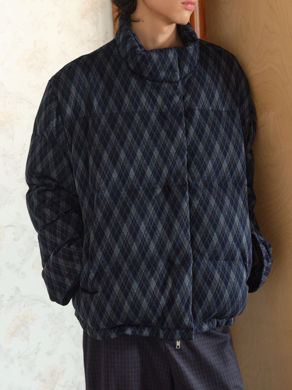 JCAESAR Blue Diamond-Check Stand Collar Down Jacket