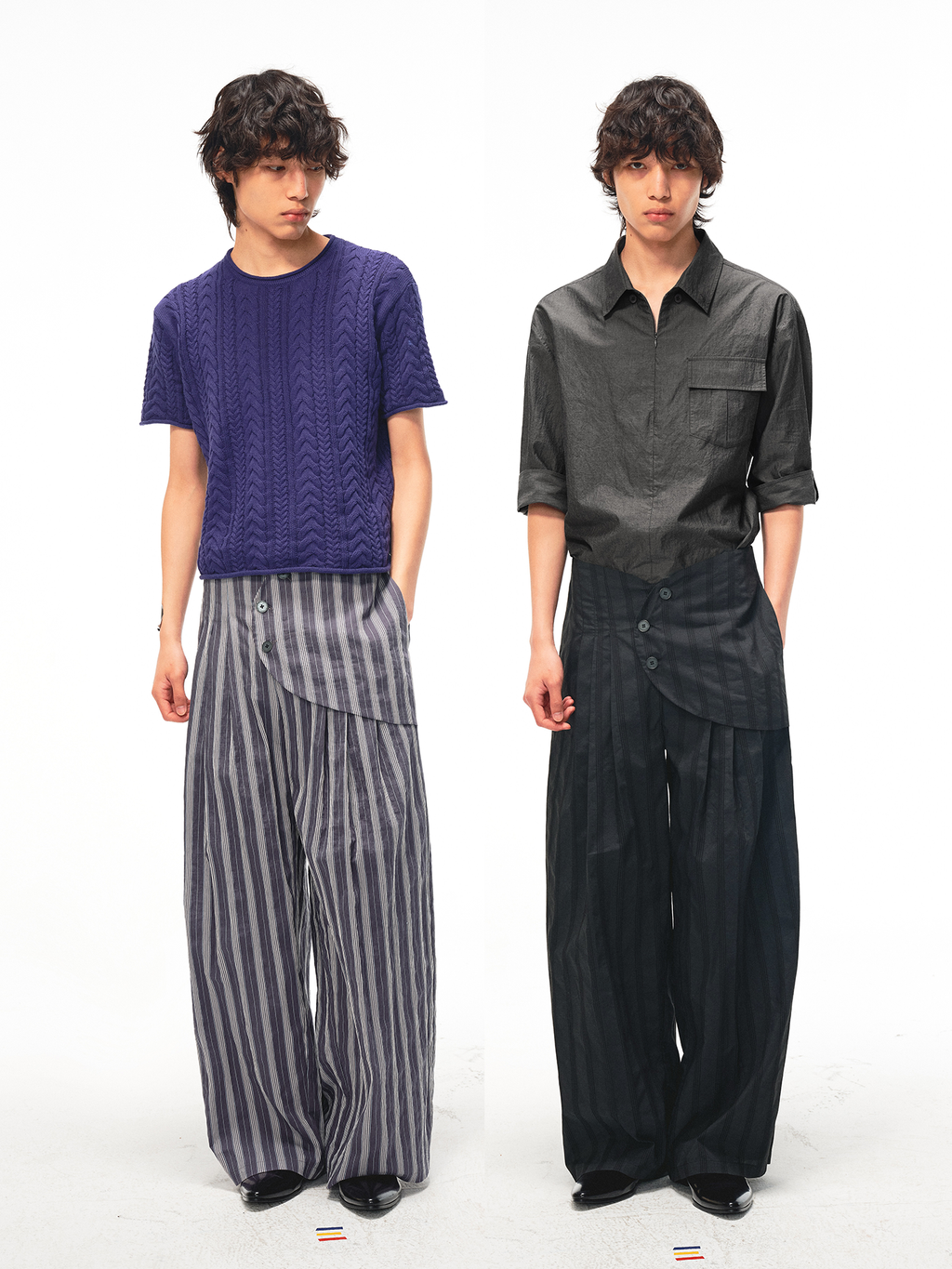 JCAESAR Armored‑style striped trousers with curved side panels