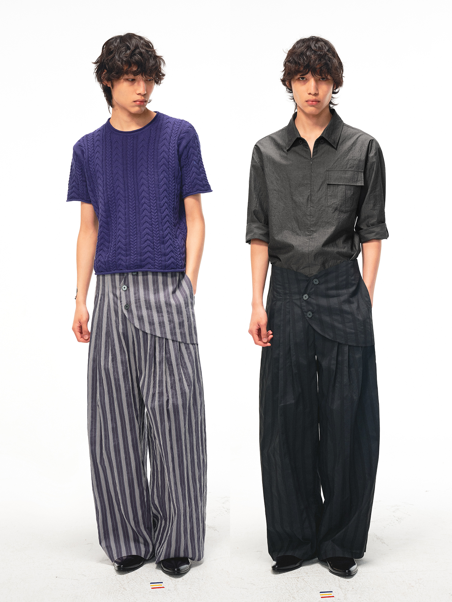 JCAESAR Armored‑style striped trousers with curved side panels