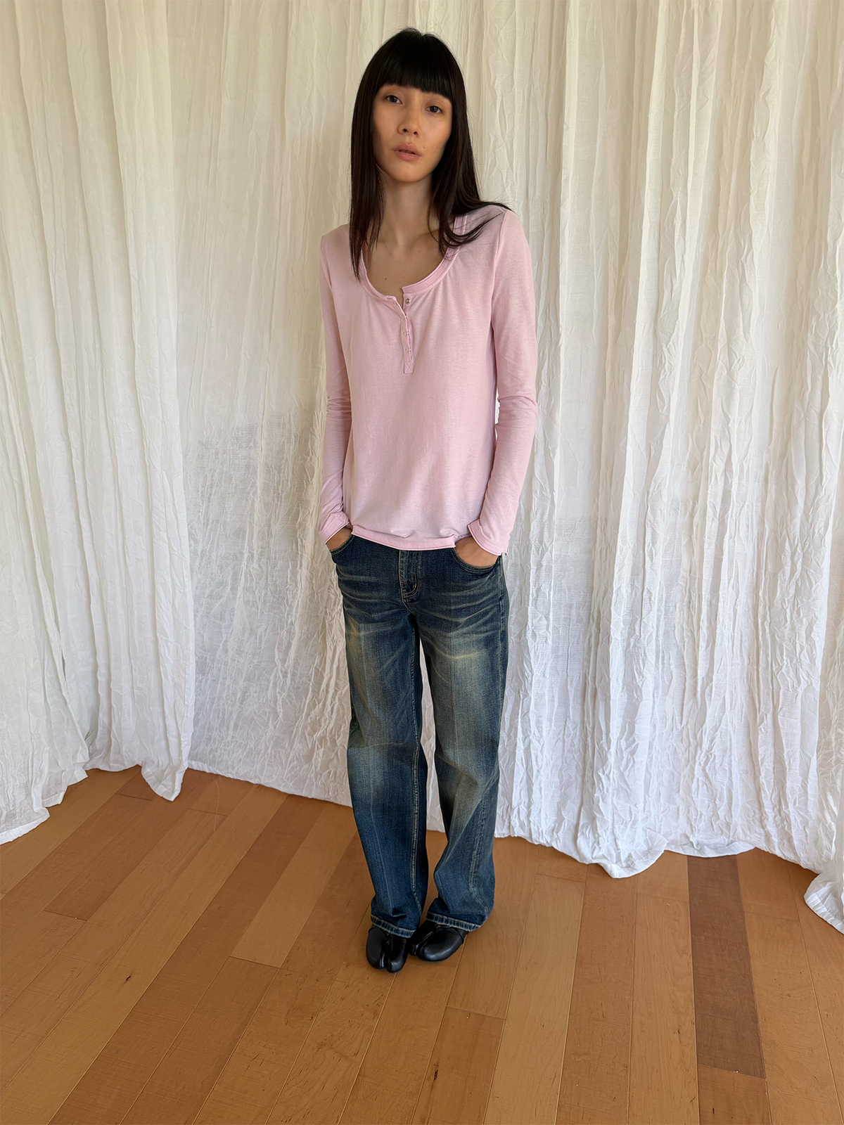 JCAESAR WOMEN U-Neck Rolled Hem Henley Long-Sleeve Shirt