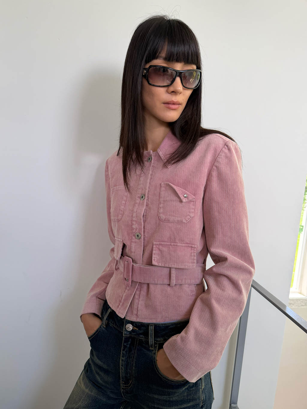 JCAESAR WOMEN  Washed Corduroy Tie-Belt Jacket