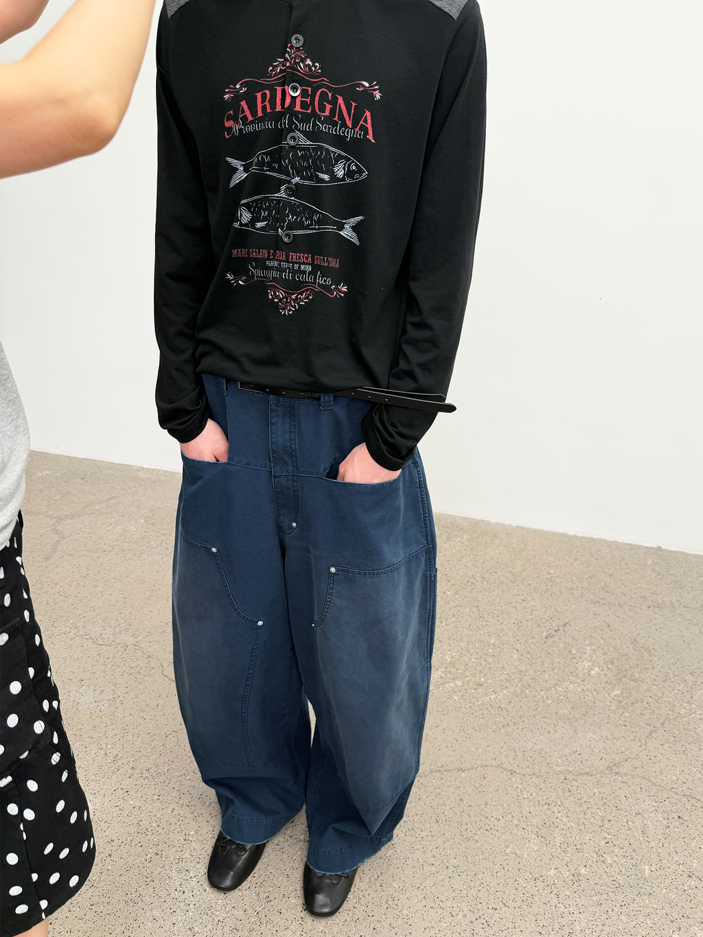 JCAESAR Front Patch Pocket Washed Blue Mud Denim Wide Leg Pants
