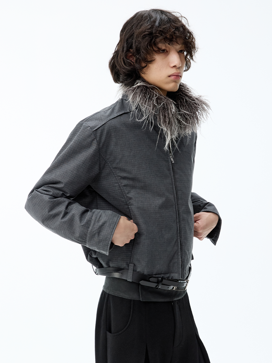 JCAESAR Detachable Washable Old Wool Collar Waist Loop Jacket