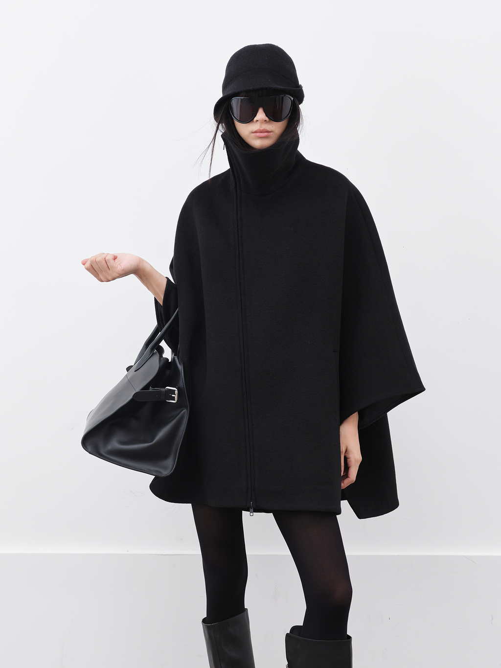 JCAESAR WOMEN Asymmetric Zip Wool Cape Coat