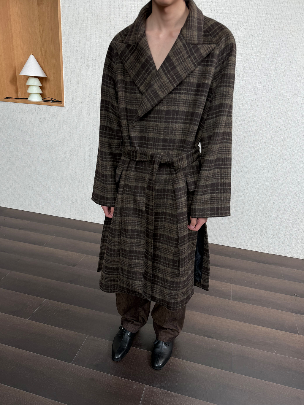 JCAESAR Brown Olive Plaid Wool Overcoat