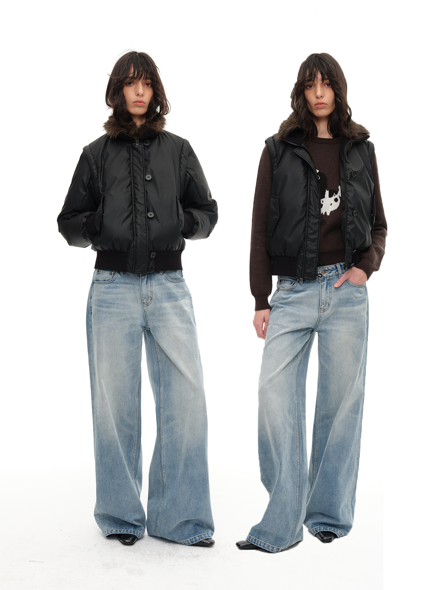 JCAESAR WOMEN Detachable Two‑Way Eco‑Leather Down Jacket