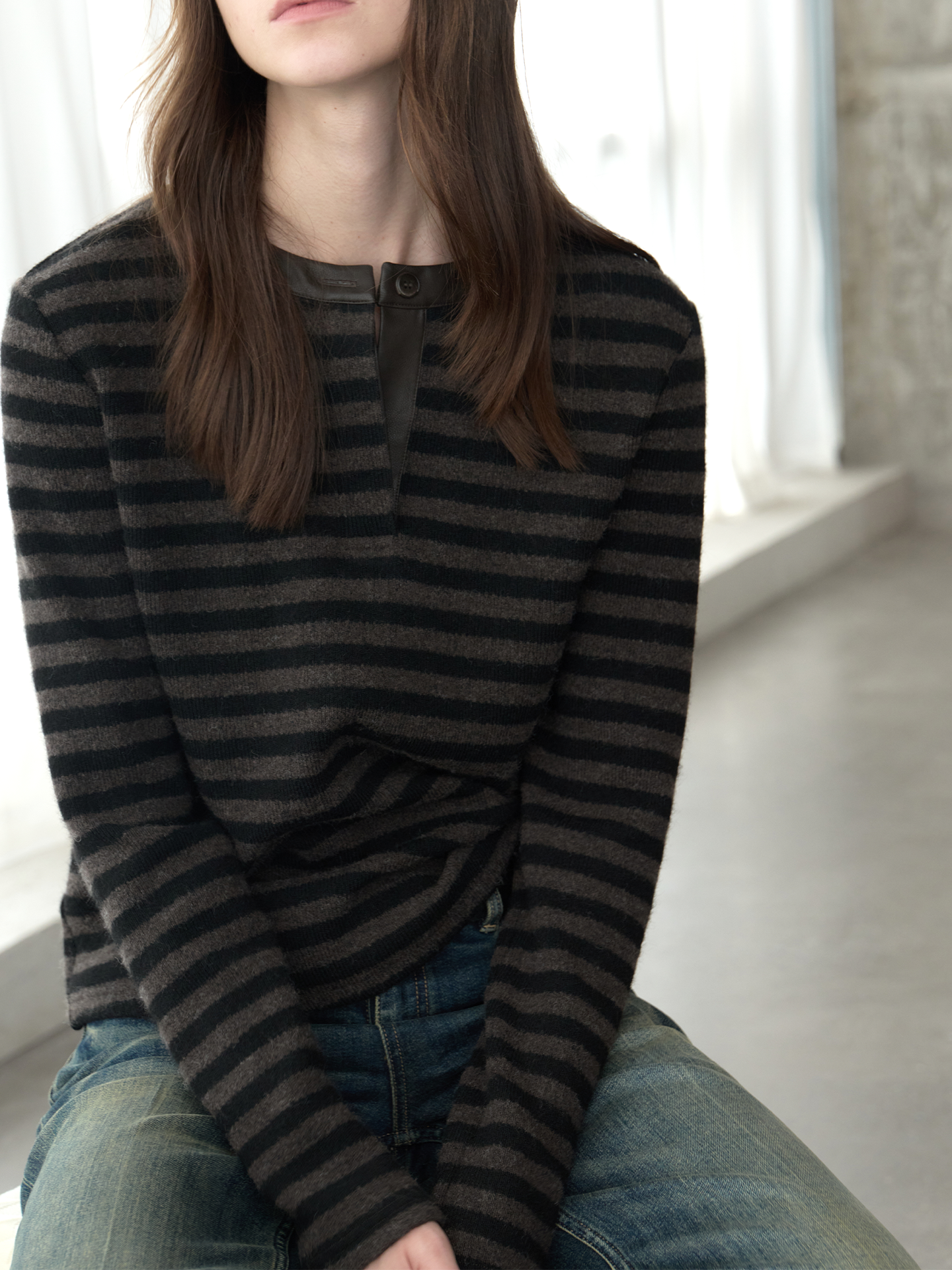 JCAESAR WOMEN Striped Leather-Paneled Top