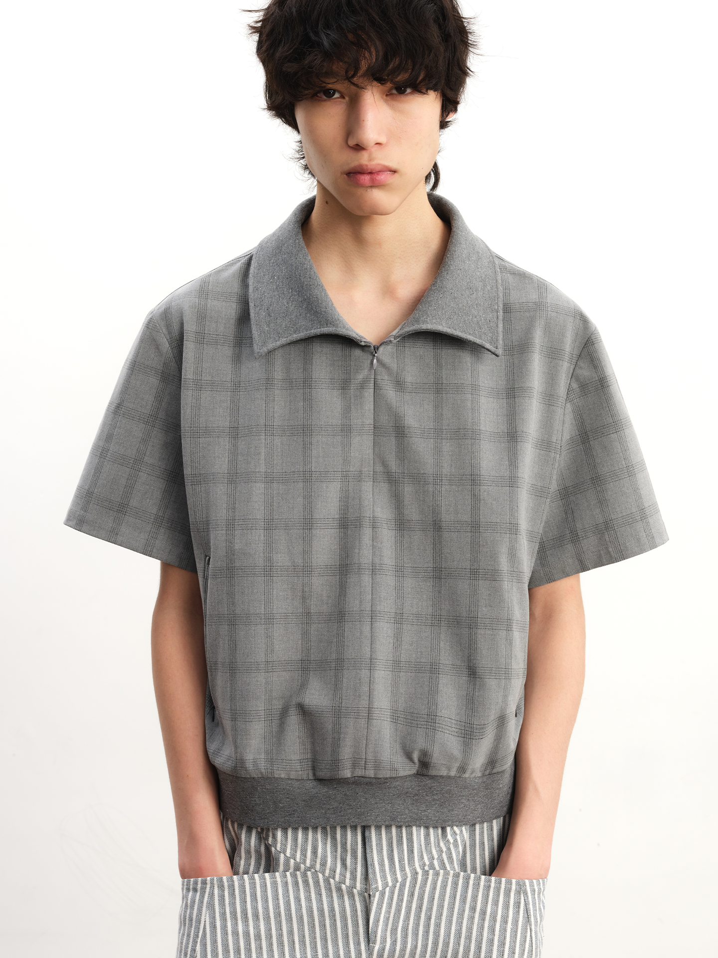 JCAEASAR Ribbed-neck half-zip plaid tee