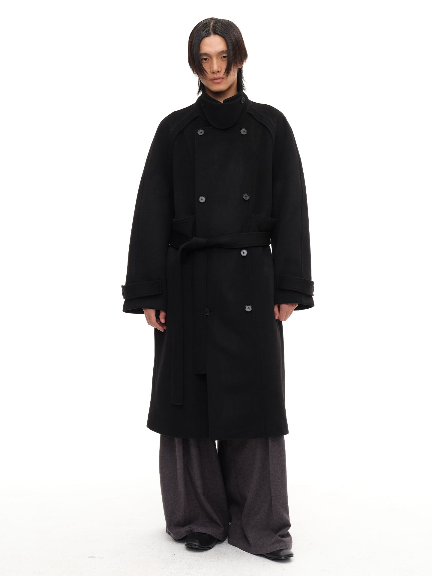JCAESAR Double‑Breasted Belted Raglan Overcoat - jcaesarclo