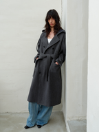 JCAESAR WOMEN Hooded Double‑Breasted Herringbone Trench Coat - jcaesarclo
