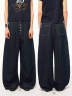 JCAESAR WOMEN Buttoned pleated cotton‑linen raw denim trousers